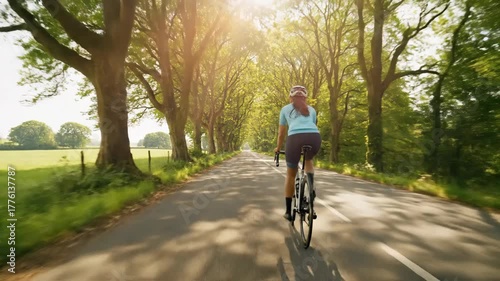 Wallpaper Mural Female cyclist riding bicycle down sunlit tree-lined country road Torontodigital.ca