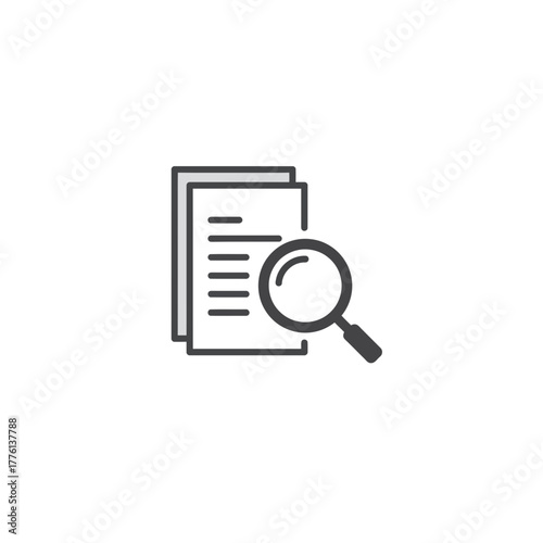 A magnifying glass is positioned over a stack of documents, suggesting a search or analysis.