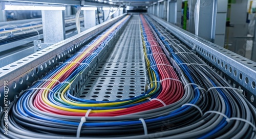 A neatly organized array of colorful electrical cables in a cable tray, showcasing infrastructure and technology in a modern setting