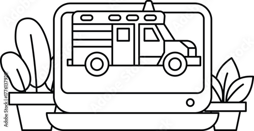 A black and white drawing of a fire truck with a green background