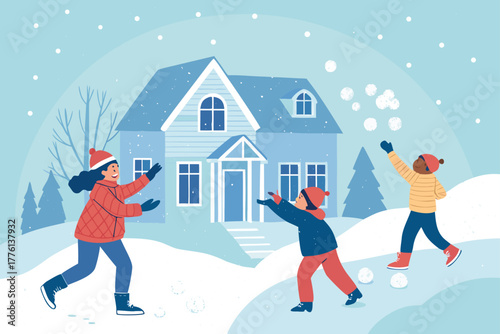 Children joyfully throwing snowballs in front of a house.