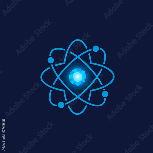 Abstract representation of an atom with glowing nucleus and orbiting electrons.