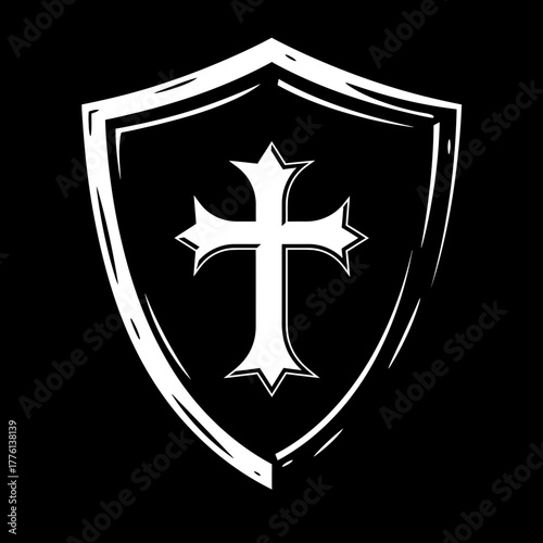A white cross emblem is displayed prominently on a shield against a black background.
