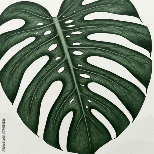 A detailed, close-up illustration of a single, large, dark green Monstera Deliciosa leaf with its characteristic fenestrations and intricate vein patterns.