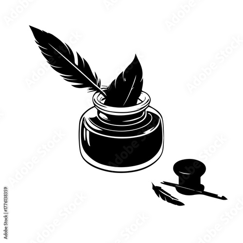 Black Inkwell with Feathers and Ink Blot Illustration