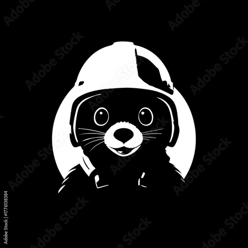 Cartoon Ferret Wearing White Construction Hard Hat, Smiling Black and White Vector Illustration