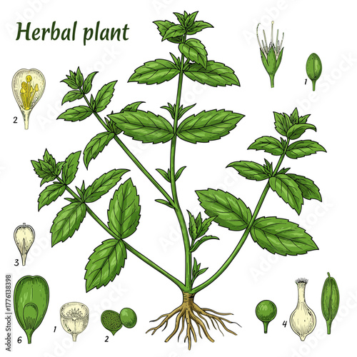 Detailed botanical illustration of a green herbal plant with roots, leaves, flowers, and seed pods, showcasing its anatomy.