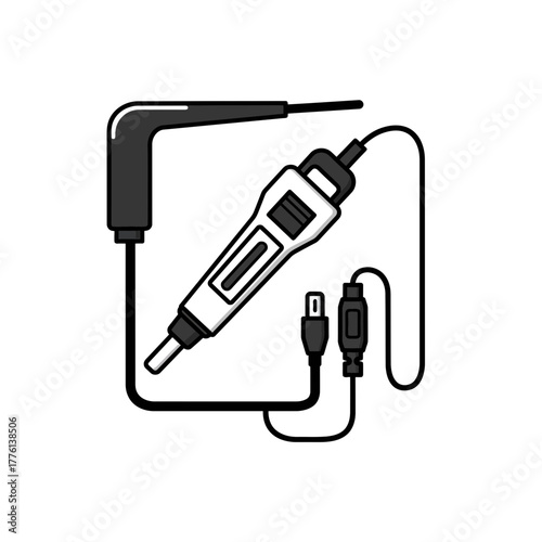 Illustration of a dental curing light with a USB charging cable and adapter, featuring a black angled handpiece and a white main body.