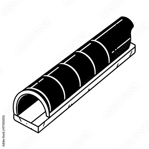 A black and white illustration of a half-pipe shaped object with segmented curves, resting on a flat base.