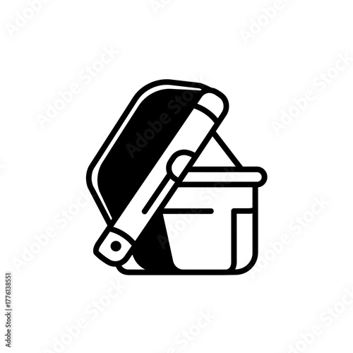 A black and white illustration of an open picnic basket with a handle.