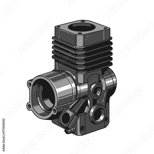 Isometric view of a detailed, unpainted, cast metal engine cylinder block with cooling fins and mounting points.