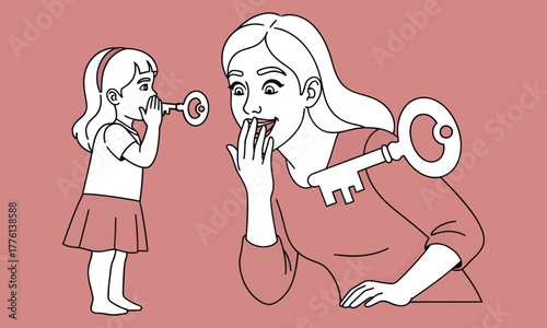 Woman whispering secrets to a child with a key to her ear, representing sharing confidential information