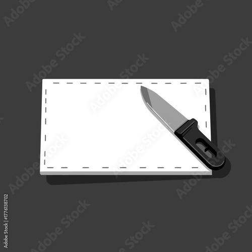 A sharp utility knife poised to cut a white rectangular piece of paper with dashed lines indicating a cut path.