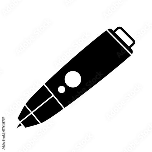 A black silhouette of a 3D printing pen with a pointed tip and a button on its side.