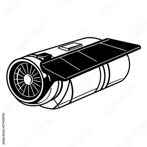 A black and white illustration of a satellite with a solar panel extended, featuring a cylindrical body and a fan-like structure at one end.