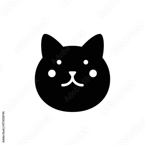 A simple, minimalist black silhouette of a cute cat's face with white accents.