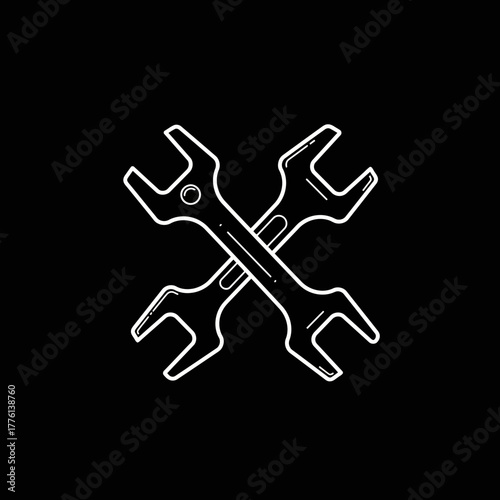 A stylized, hand-drawn illustration of two crossed wrenches on a black background, rendered in white outline.