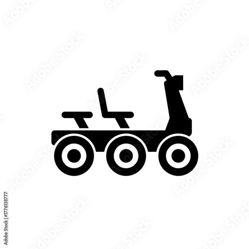 A black and white silhouette icon of a futuristic six-wheeled rover with two seats, designed for exploration or transport.