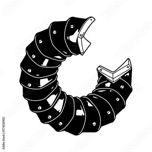 A black segmented mechanical worm-like creature with shiny plates and rivets.