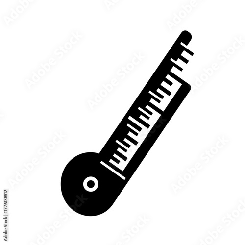 A black and white illustration of a measuring tool with a circular base and a long, graduated ruler.