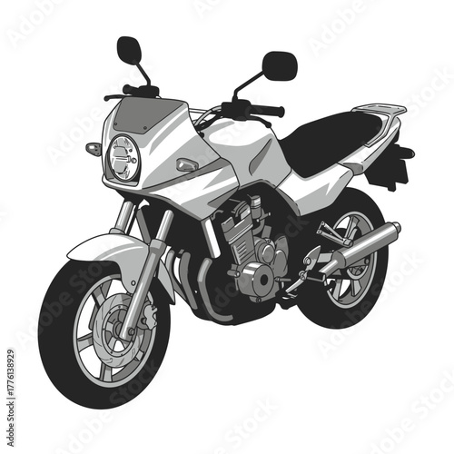 A detailed illustration of a white and silver motorcycle with a sporty design, parked against a white background.
