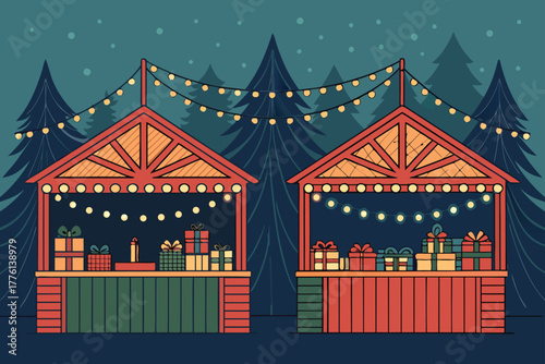 Festive Christmas market stalls adorned with twinkling string lights.