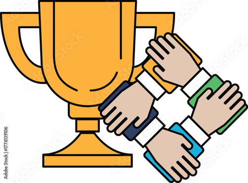 A gold trophy with four hands holding it