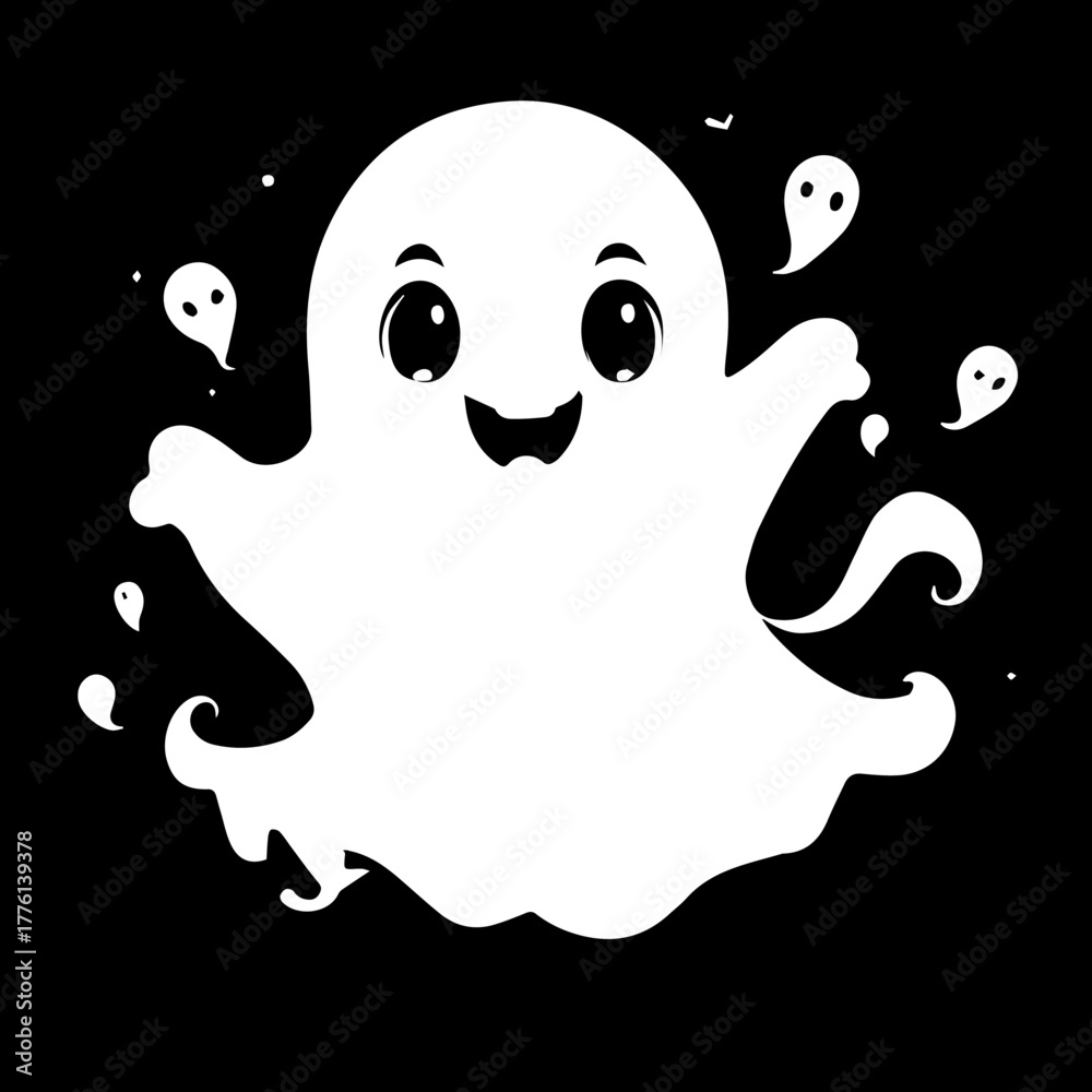 Obraz premium Cartoonish White Ghost with Smiling Expression and Small Ghost Sprites