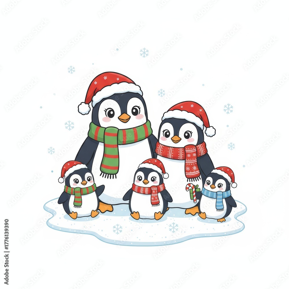 Naklejka premium Joyful penguin family celebrates winter holidays in style