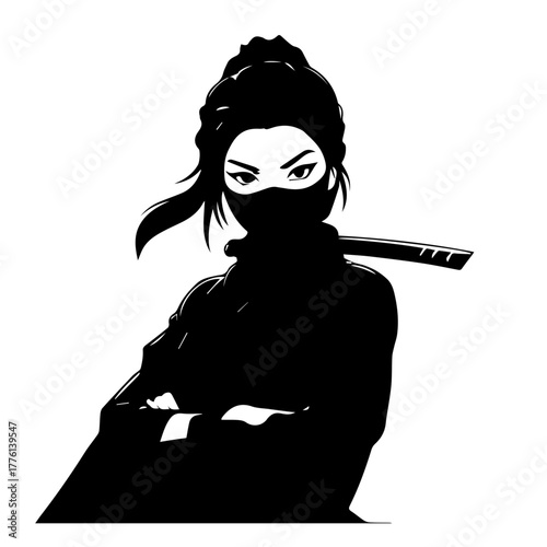 Fierce Female Ninja Warrior with Katana and Masked Face
