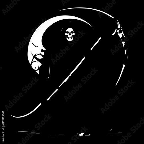 Grim Reaper Silhouette with Scythe and Crescent Moon Symbolism