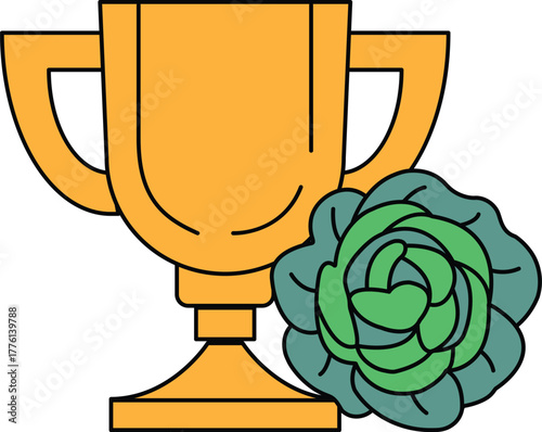 A trophy is shown with a green leaf on top of it