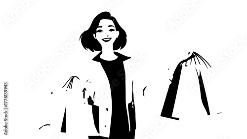 Stylized Black and White Illustration of a Smiling Woman Holding Umbrellas