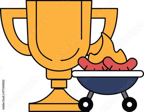 A trophy is shown with a grill and hot dogs