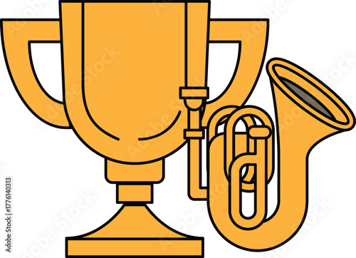 A trophy and a trombone are shown together