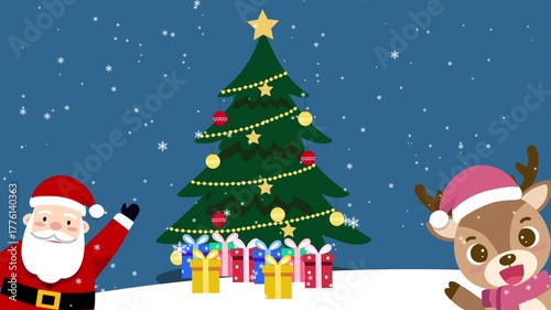 Santa Claus and Reindeer Waving by a Decorated Christmas Tree Animation.