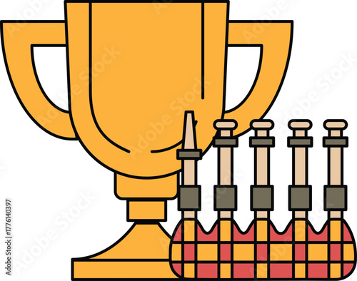 A trophy is shown with a set of five syringes