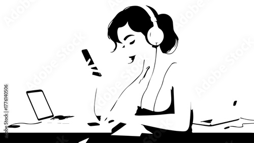 Woman with headphones using smartphone and laptop, focused and engaged