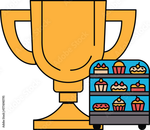 A golden trophy is displayed next to a display case full of pastries