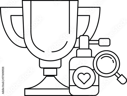 A trophy is shown with a bottle of perfume and a magnifying glass