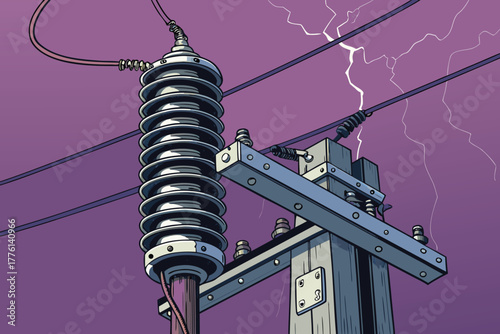 Lightning arrestor on a transformer pole, close-up.