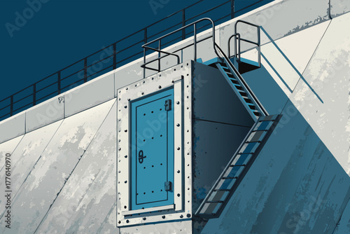 Close-up of a bold, flat inspection hatch on a dam wall.