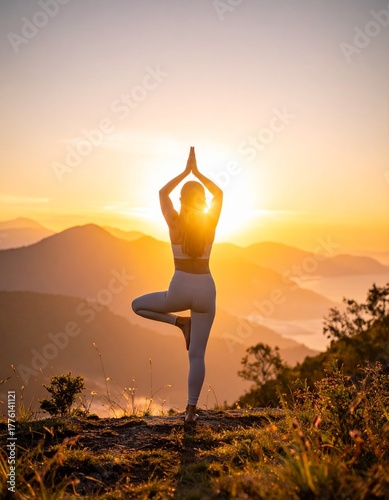 Mujer practicando yoga al aire libre al amanecer, tonos pastel, atmósfera tranquila, equilibrio y bienestar