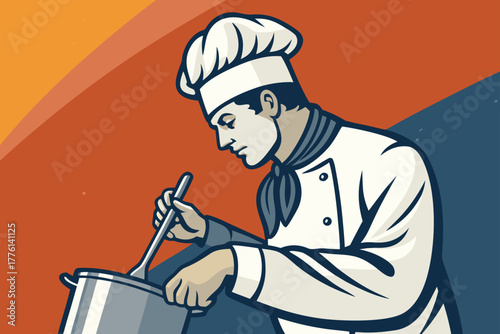 Close-up of a chef stirring soup in a silver pot.