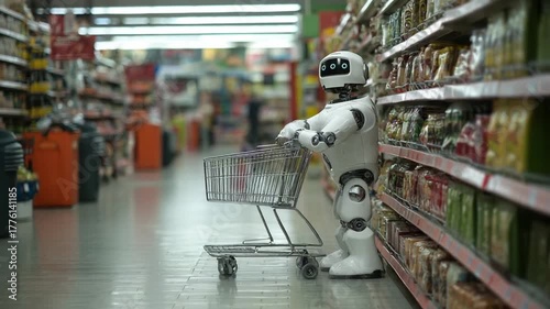 Robotic Shopper: A futuristic robot navigating the aisles of a supermarket, pushing a shopping cart down a vibrant retail space. A fusion of technology and daily life.
