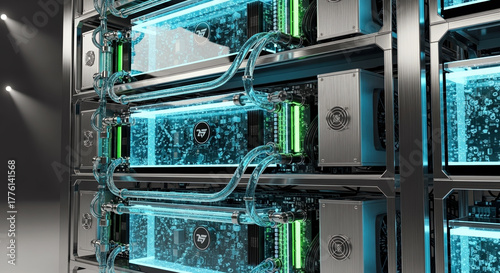 Cryptocurrency mining rig with custom liquid cooling system and RGB lighting