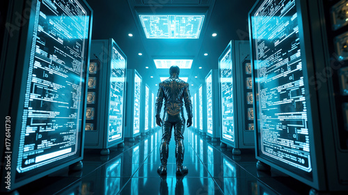 Cryptocurrency mining data center with futuristic digital technology