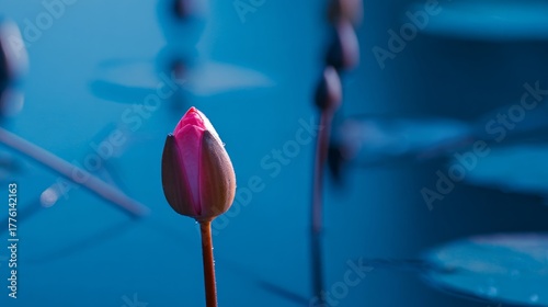 pink lotus flower in water, blues atmosphere, magazine style