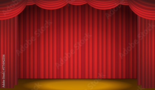 フレーム_上部が円のドレープ_下したカーテン_横長_赤