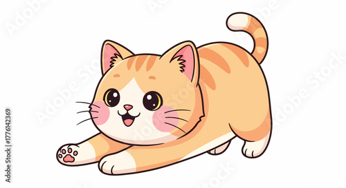 A cute cartoon orange tabby kitten stretching with its front paws extended and a happy expression.